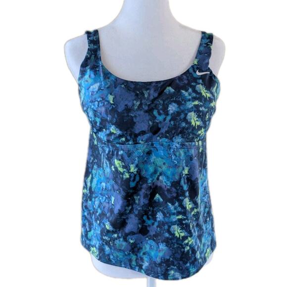 Nike Logo Women's Blue Multi Dye Scoop Neck Tankini Swimsuit Top Size Large EUC - Picture 1 of 16